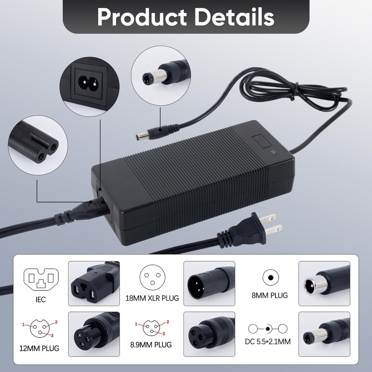 42V 2A Replacement Electric Scooter Charger for 36V Scooter & Hoverboard
