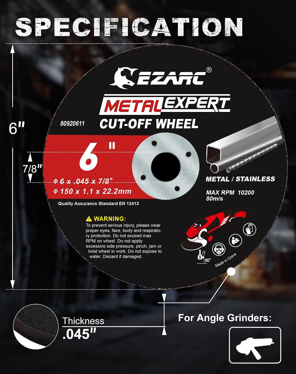 EZARC Metal Cut Off Wheels, 6'' x .045'' x 7/8'', 25-Pack