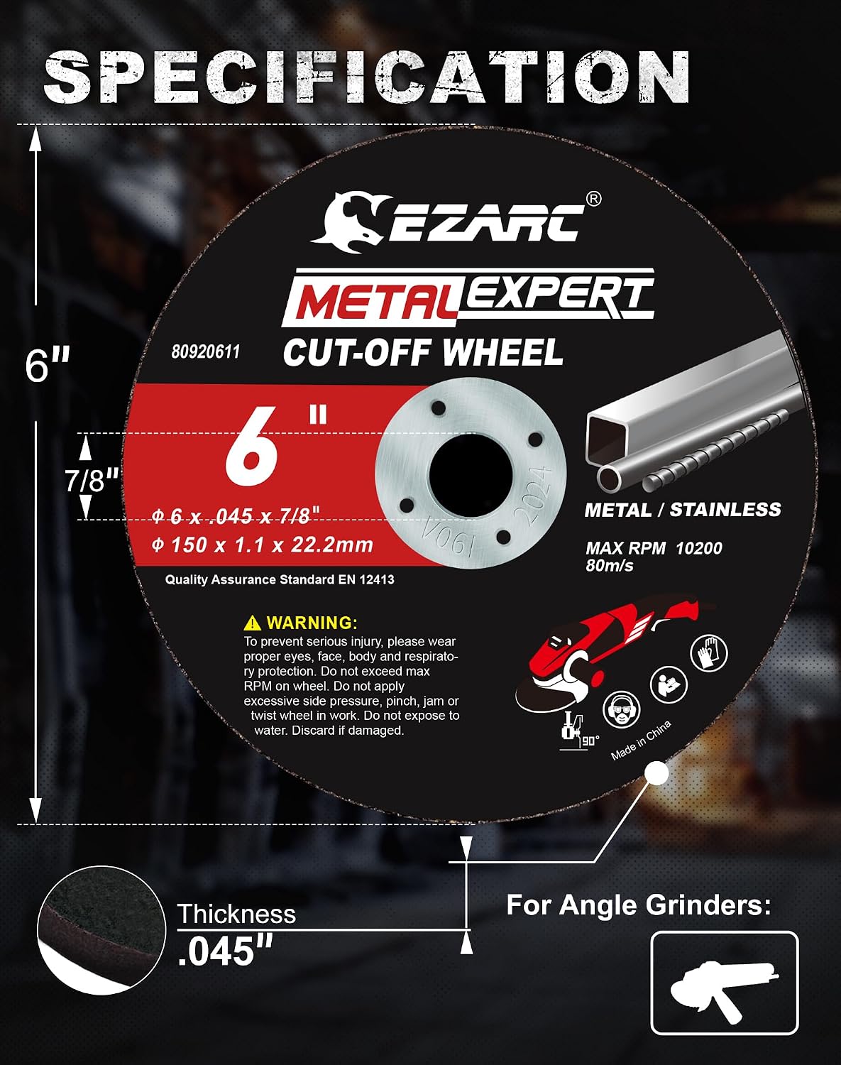EZARC Metal Cut Off Wheels, 6'' x .045'' x 7/8'', 25-Pack