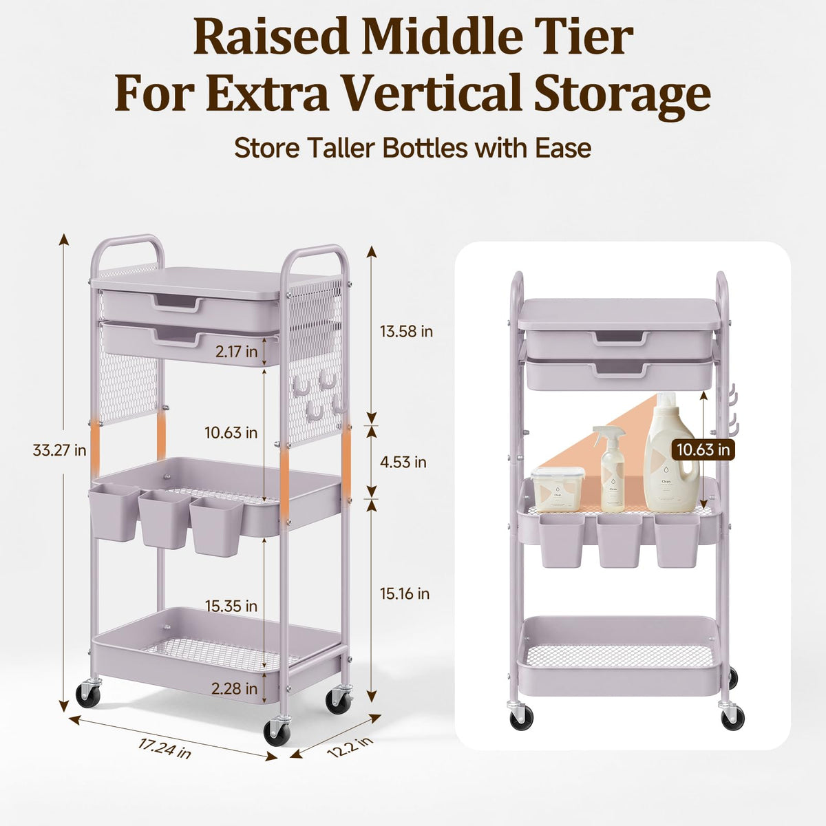 3 Tier Rolling Cart with 2 Drawers, Metal Utility Storage Carts with Wheels