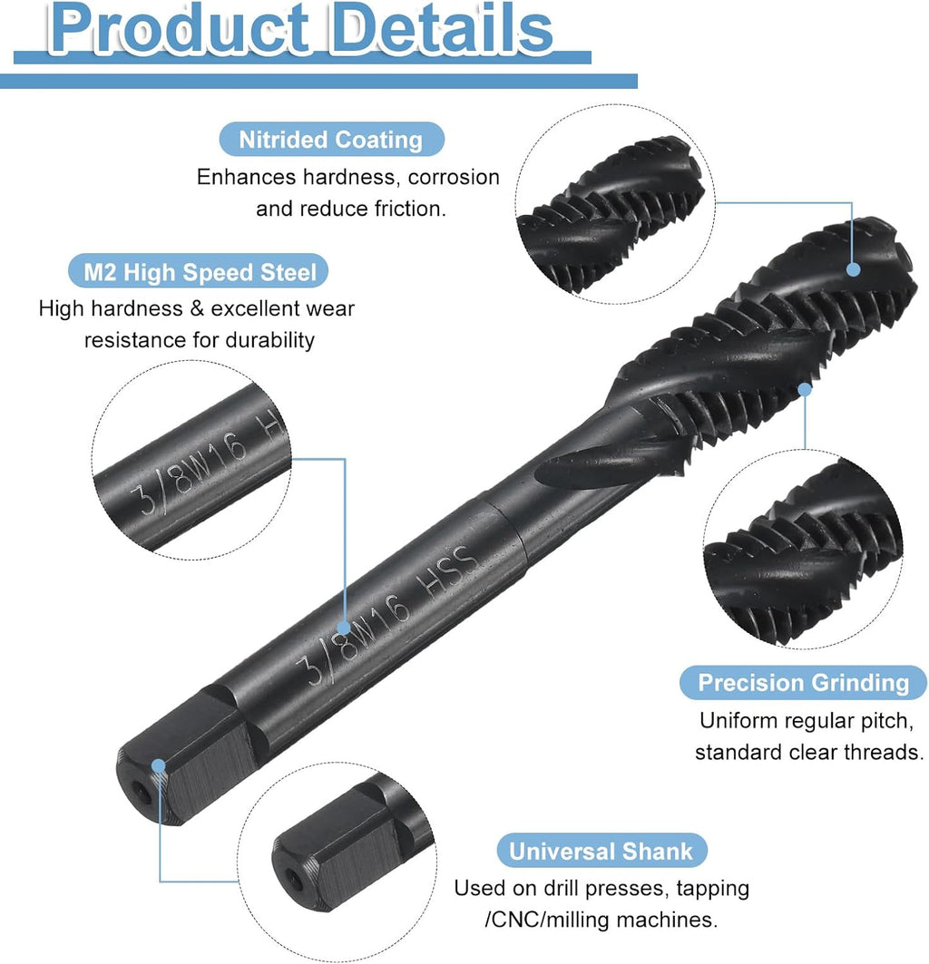 uxcell Spiral Flute Thread Taps 3/8-16 BSW H2 Machine Threading Tap Bit, Nitrided Coated Screw Tapping Repair Tool, M2 High-Speed Steel (HSS6542)