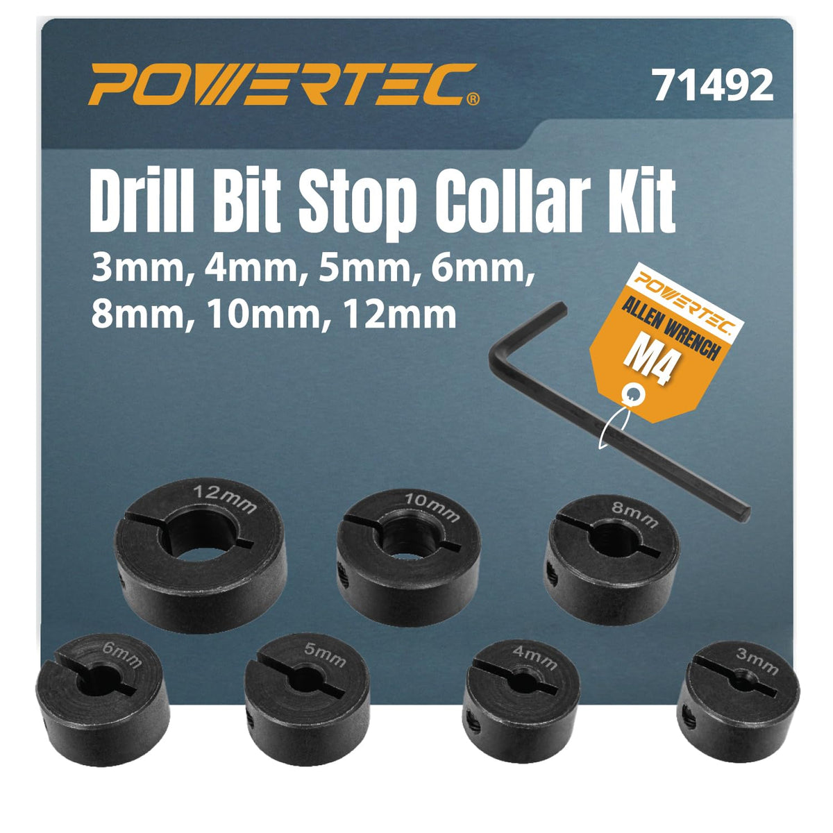 POWERTEC 7-Piece Metric Drill Bit Depth Stop Collar Set, 3mm-12mm (71492) | Adjustable Drill bit Depth Stop Collars with Size Markings for Woodworking & doweling. Includes hex Key Wrench