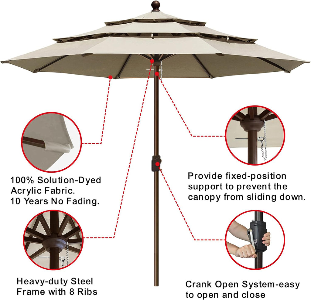 USA 10-Year-Non-Fading 11ft 3-Tier Market Patio Umbrella, Commercial Grade Outdoor Table Umbrella with Crank Open