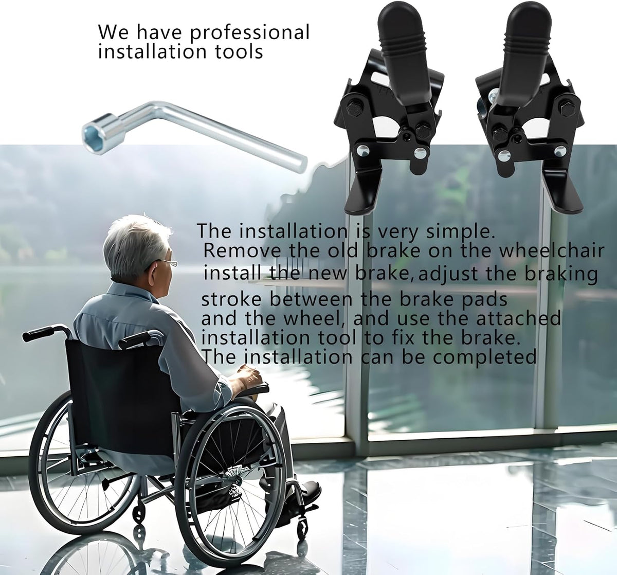 Wheelchair brakes, Universal Brake, Replacement Parts, One-Handed Operation, Suitable For Most Manual Wheelchairs (1 Pair, Black)