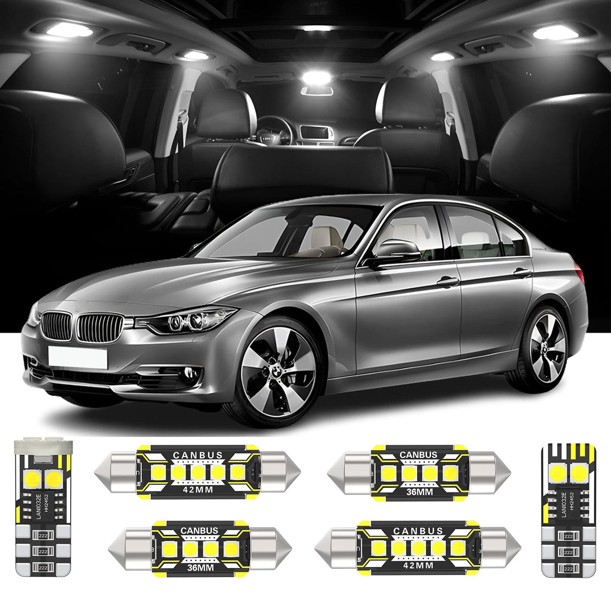 8 Pieces Interior LED Lights Replacement for BMW 3 Series F30 316i 320i 320D 330D 2012-2015 Sedan White LED Interior Bulb with Install Tool