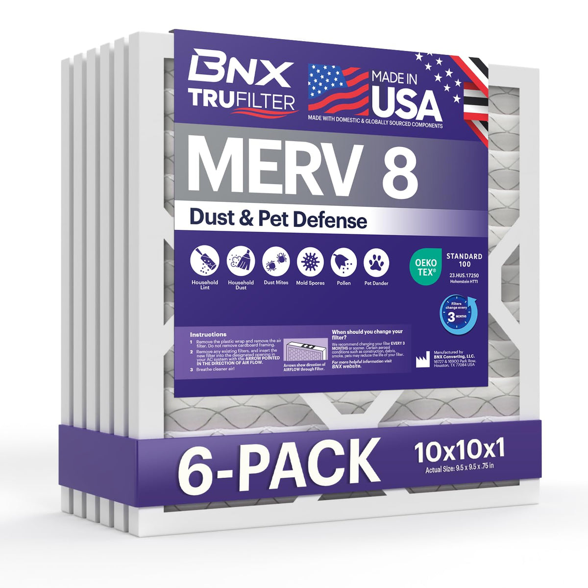 TruFilter 10x10x1 Air Filter MERV 8 (6-Pack) - MADE IN USA – Dust & Pet Defense Electrostatic Pleated Air Conditioner