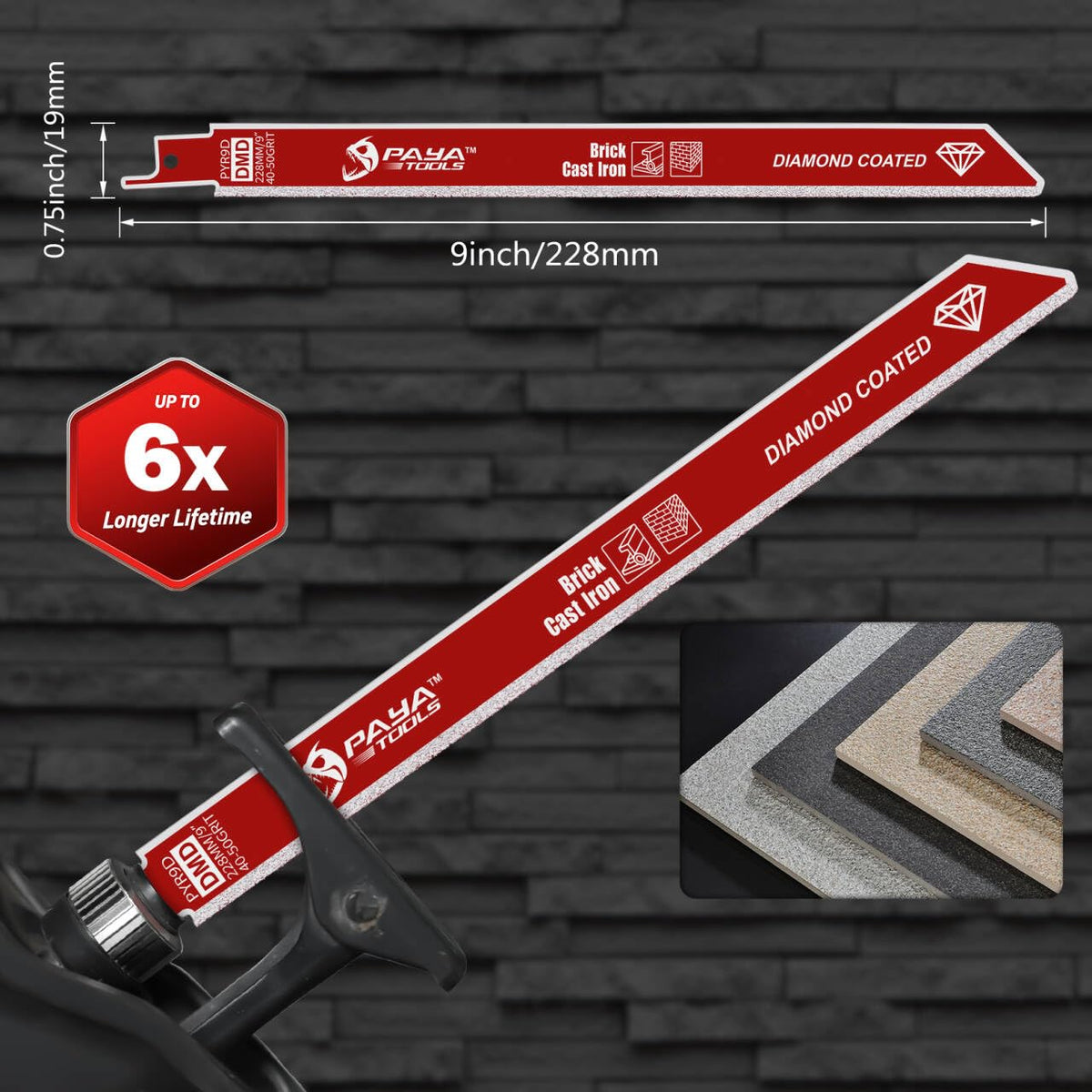 PAYA TOOLS 3-Piece 9 inch 40-50 Grit Diamond-Grit Edge Reciprocating Saw Blade for Masonry, Fiber Cement & Fiberglass