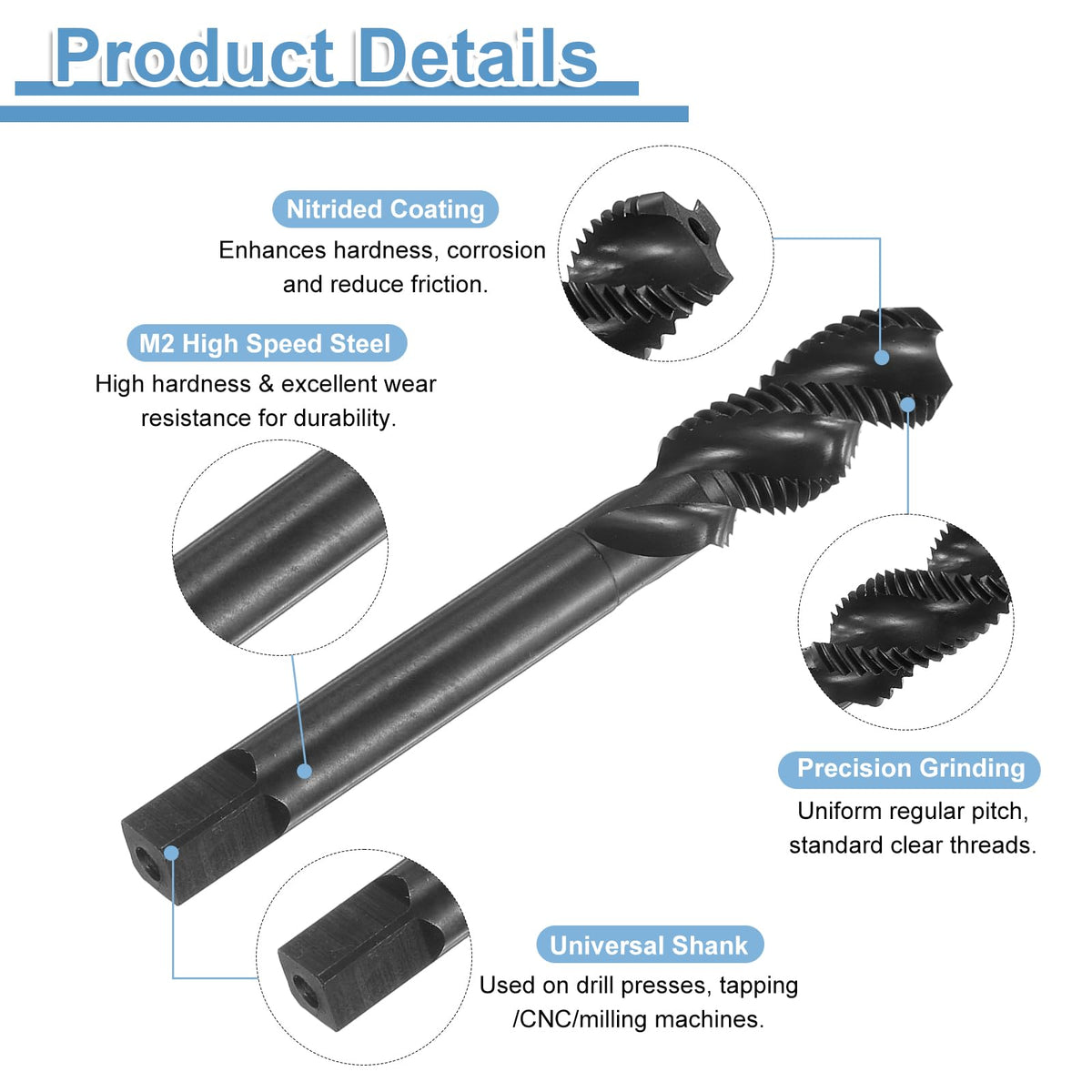 uxcell Spiral Flute Thread Taps 7/16-20 UNF 2B Machine Threading Tap Bit, Nitrided Coated Screw Tapping Repair Tool, M2 High-Speed Steel (HSS)