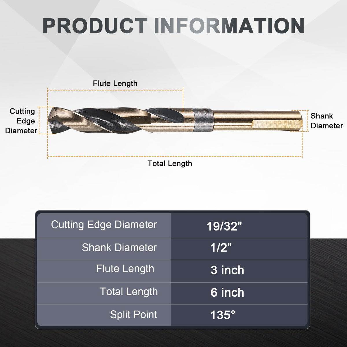 uxcell 19/32" Drill Bit 1/2" Reduced Shank 3-Flat M35 5% Cobalt HSS