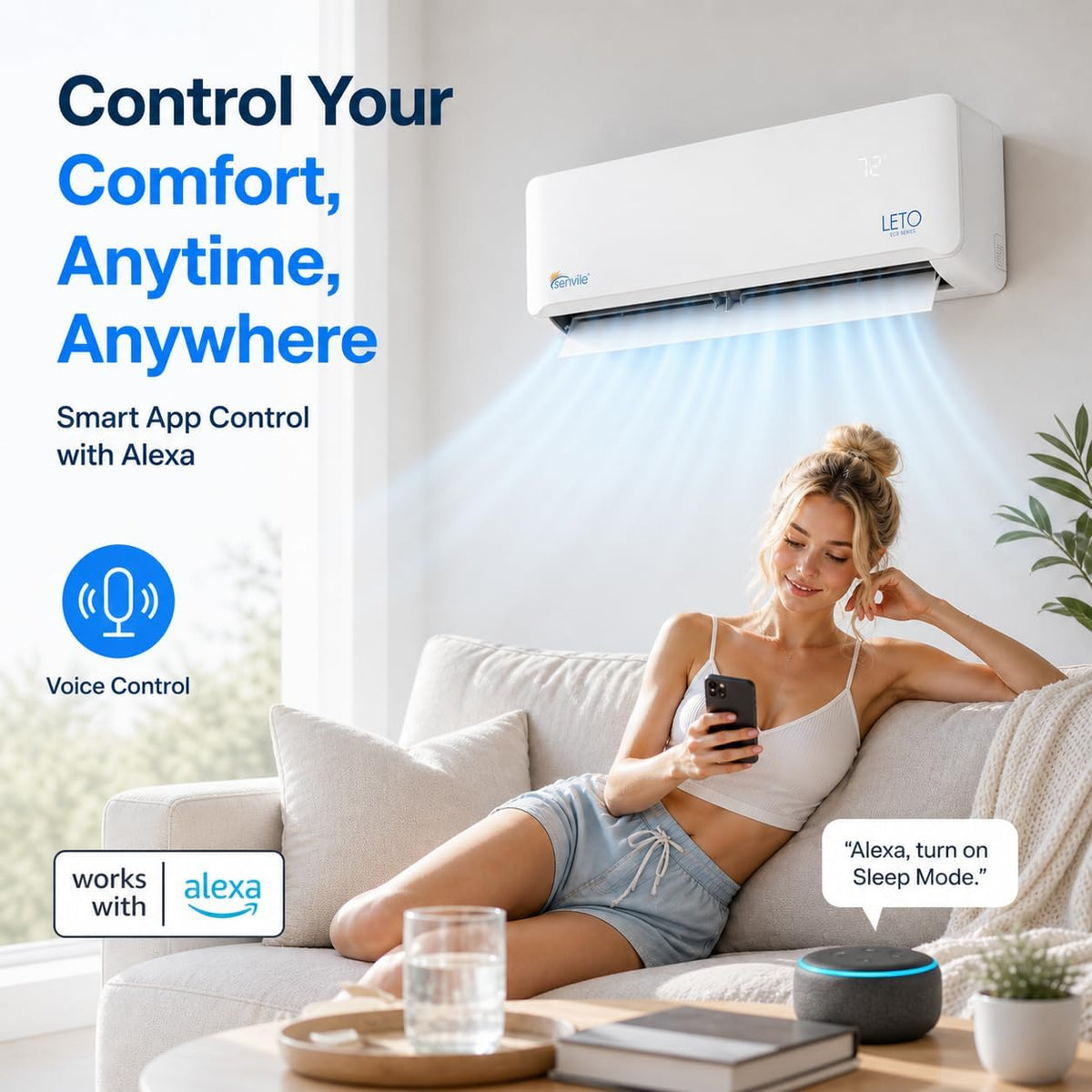 LETO Mini Split Air Conditioner, Heat Pump, White, 12000 BTU | Ductless, Wall Mounted, Works with Alexa, Quiet