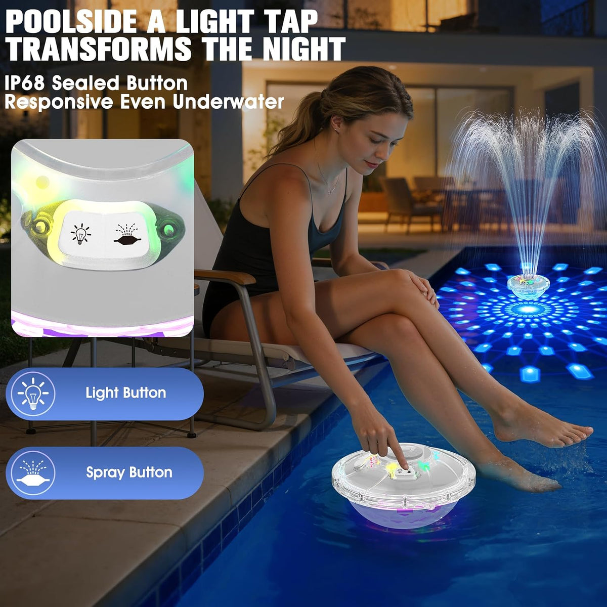 Pool Fountain with Light,Upgraded Rechargeable Floating Pool Fountain Pumps | 8000mAh Battery,6 Light Modes,2 Spray