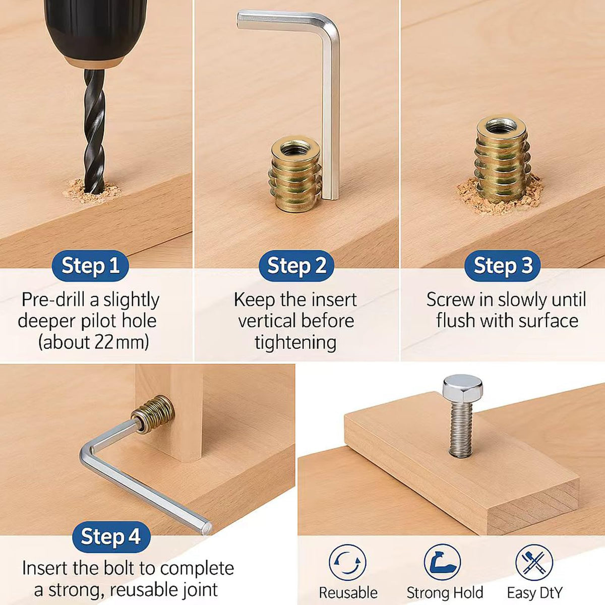 1/4"-20 Internal Hex Drive Threaded Inserts for Wood - 50 Pieces
