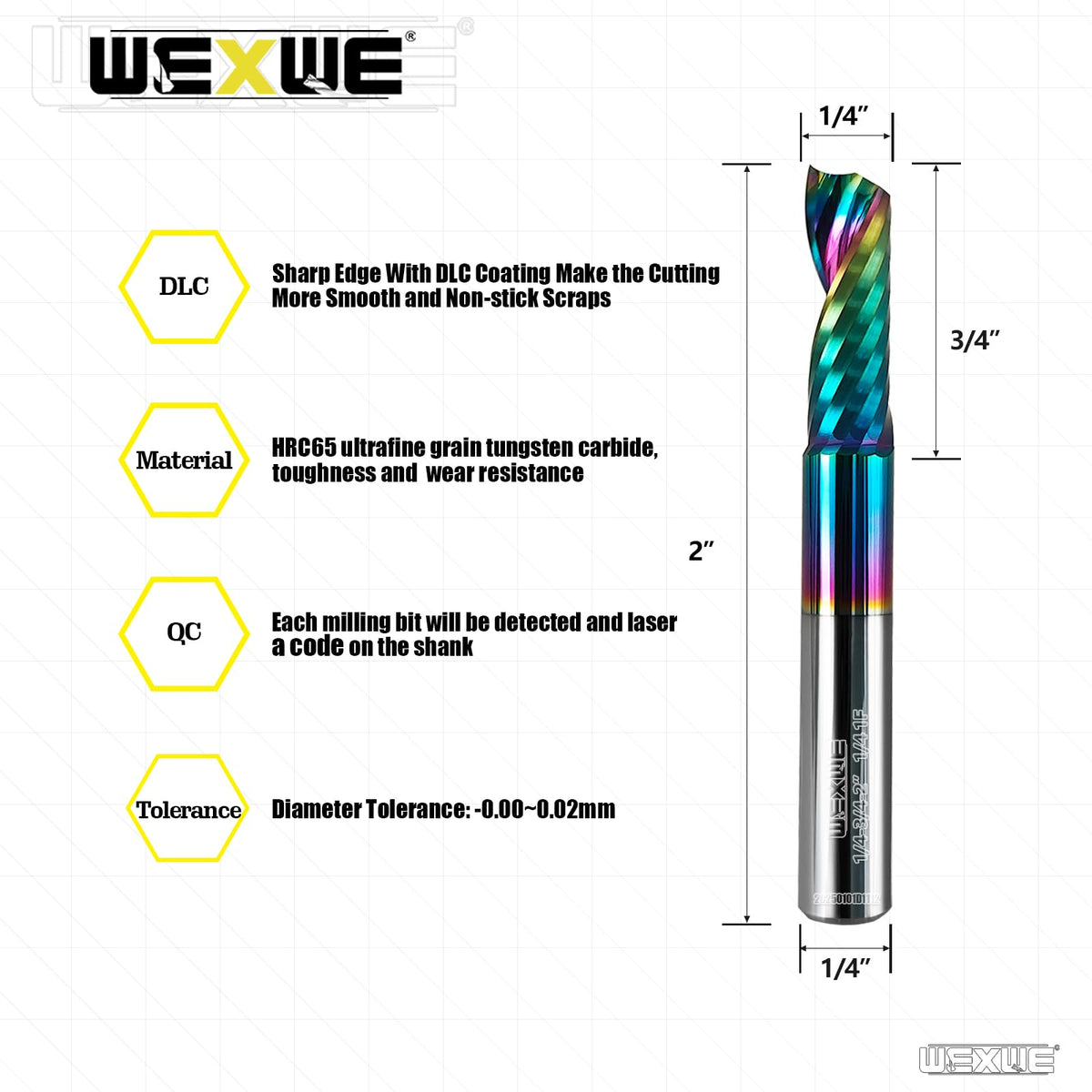 WEXWE Tools Solid Carbide CNC Spiral Single Flute End Mill - for Acrylic Plate Aluminum, Wood, Plastic, Brass, Copper Cutting - 1/4 Diameter 1/4" Shank 2" Length,1 Flute (1/4-2.0" 5PCS)