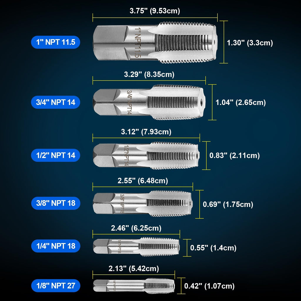 Toolwiz 6Pcs NPT Pipe Tap Set, 1", 3/4", 1/2", 3/8", 1/4", 1/8"