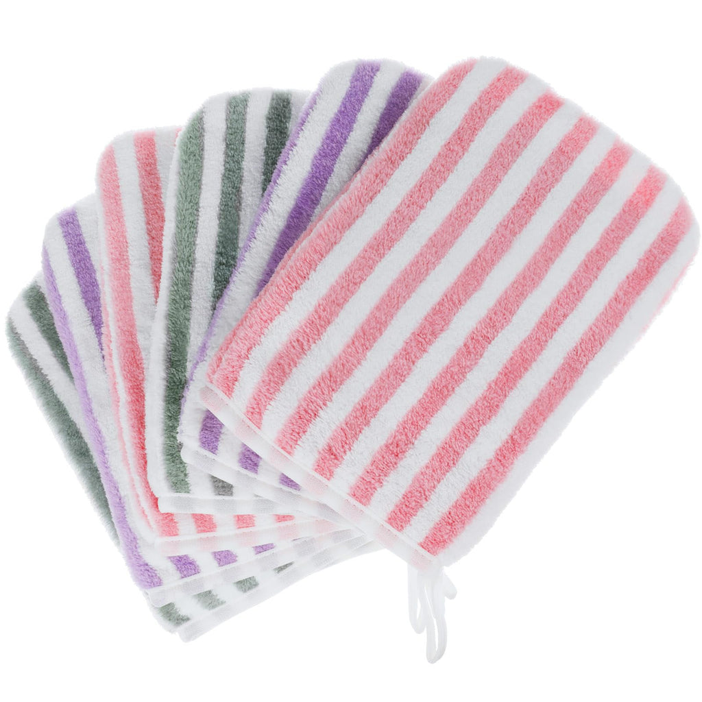 6 Striped Bath Mitts Washcloths, PHOGARY Small Hand Towels with Hanging Loop, 5"x8" Super Absorbent Soft Coral Fleece