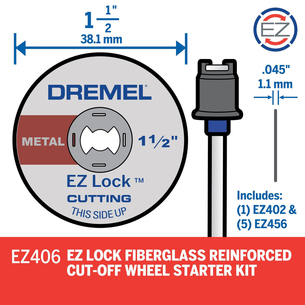 Dremel EZ406-02 EZ-Lock Starter Kit, 1 1/2-Inch Wheel Diameter, 5-Piece Fiberglass Reinforced Cut-Off Wheels and EZ402 Mandrel, Rotary Tool Cutting Disc Accessories, Pack of 2