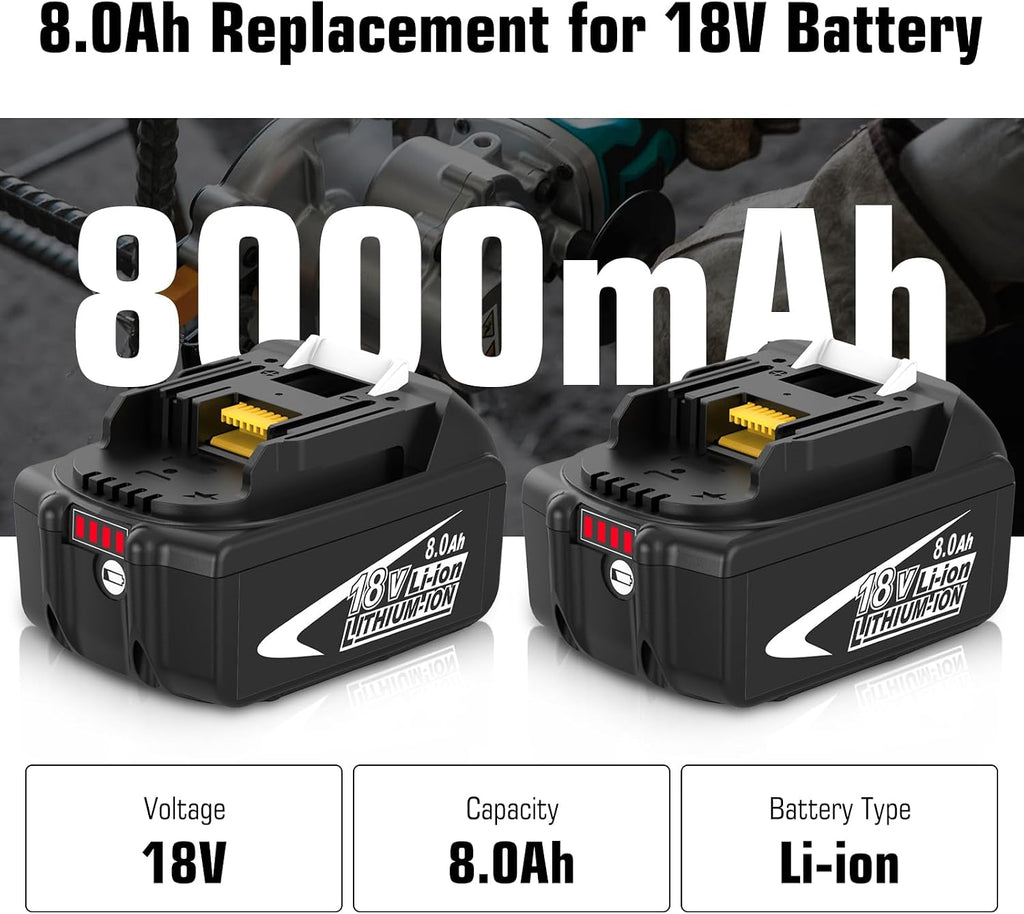 2Pack 8000mAh BL1860B Battery Replacement for Makita 18V Battery Lithium