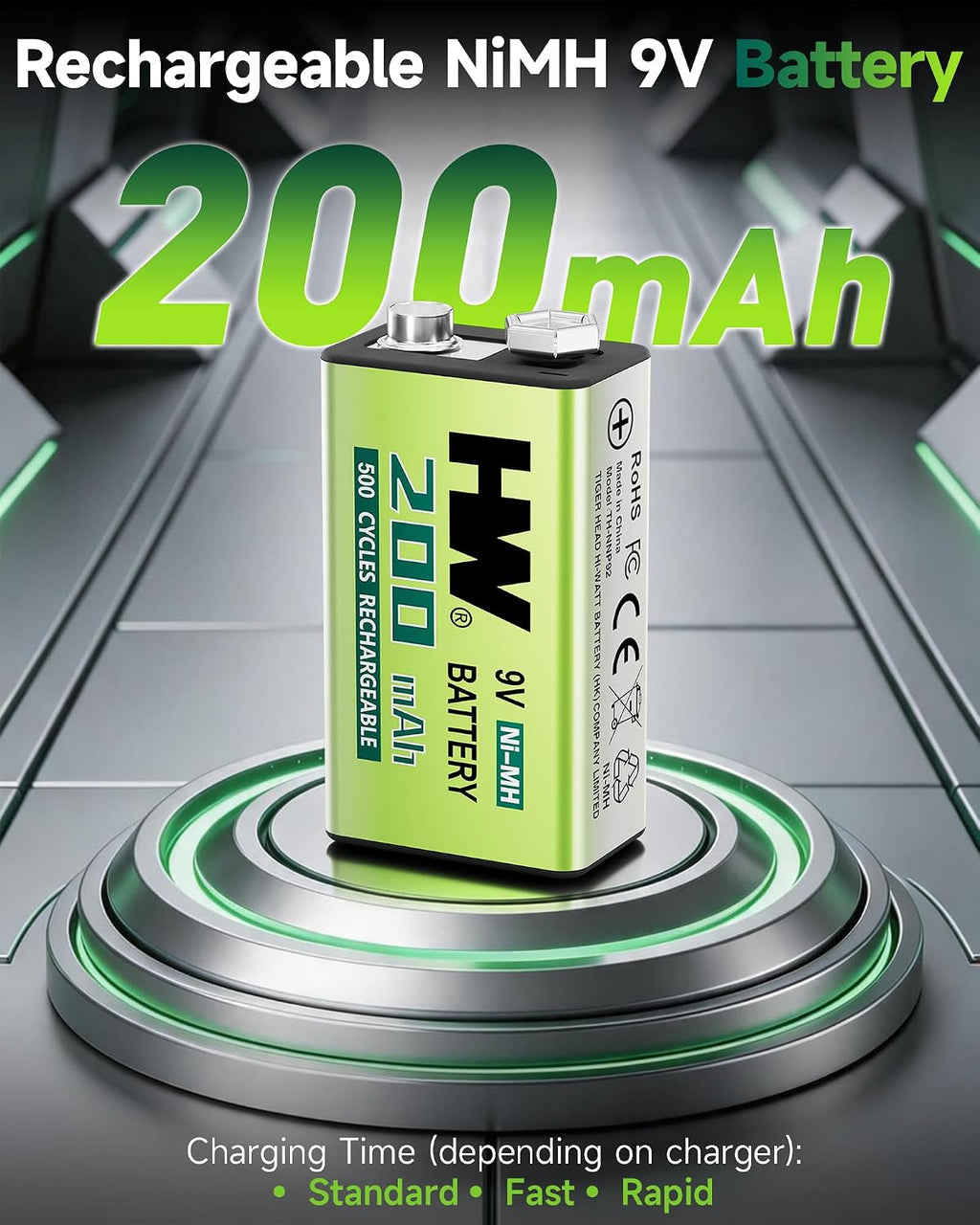 9V Rechargeable Batteries 4 Pack, NiMH 200mAh for Multimeters & Radios | 4-pack 200mAh NiMH rechargeable 9V batteries