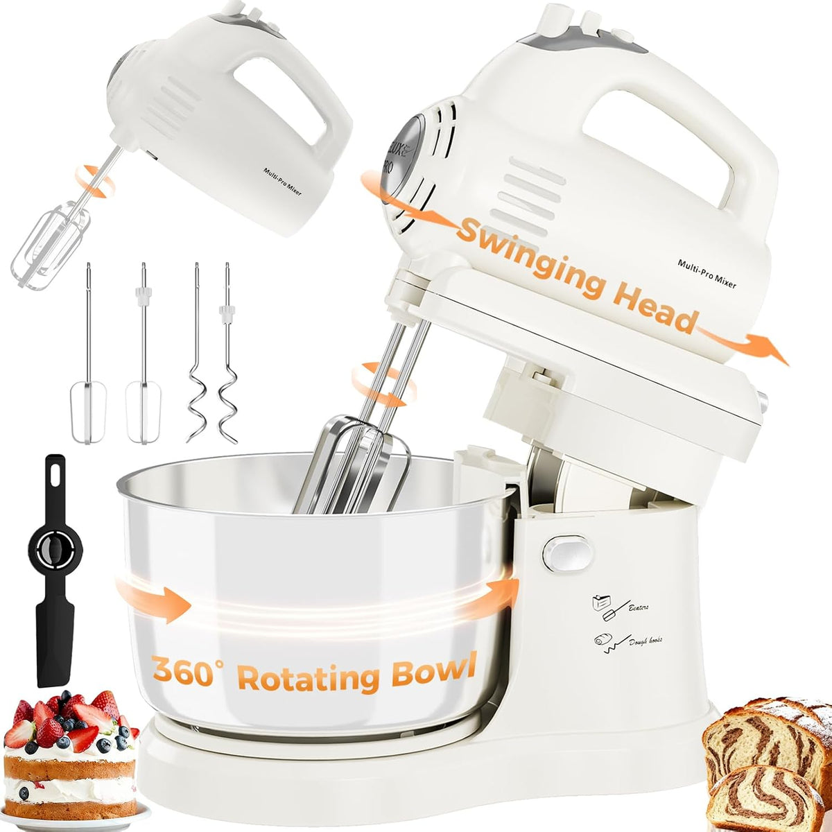 3.2QT 2-in-1 Stand Mixer, Electric Kitchen Mixer with Auto-Rotating Bowl & Tilt-Head, 5-Speed 250W Turbo Baking