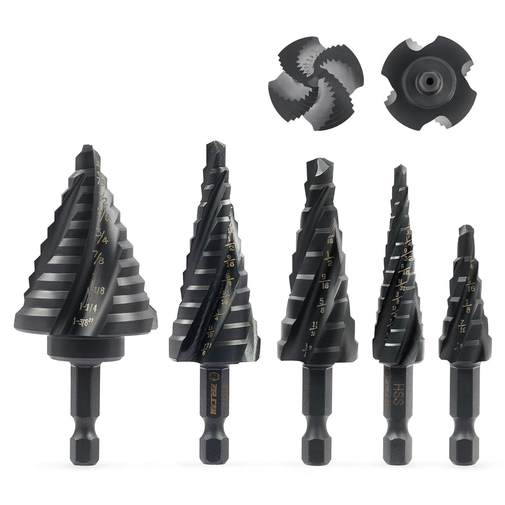 ZELCAN 5PCS Titanium HSS Step Drill Bit Set, 50 Sizes, 1/8" to 1-3/8"