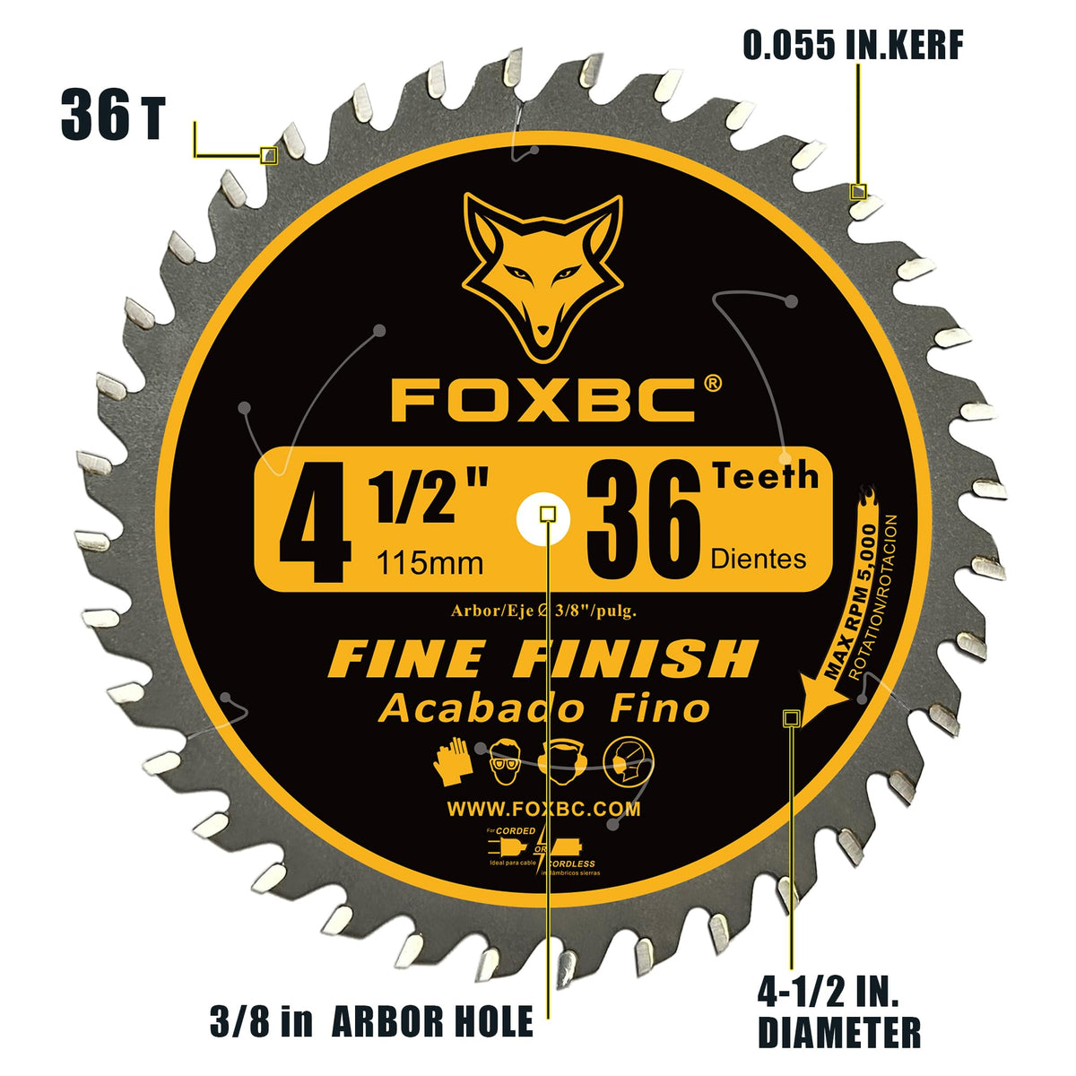FOXBC 4-1/2 Inch Trim Circular Saw Blade 36 Tooth Fine Finish Wood Cutting with 3/8-Inch Arbor