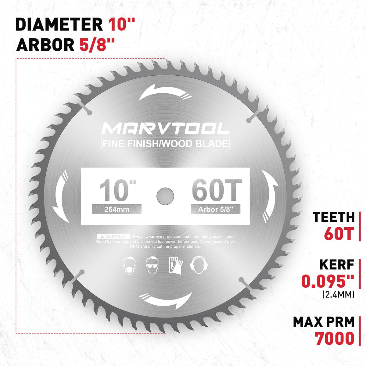 Marvtool 10-Inch 60-Tooth Woodworking Saw Blade, Max 7000 RPM, Fine Finish Wood Crosscutting, Tungsten Carbide Tooth with 5/8 Inch Arbor for Miter Saws & Table Saws (Red)
