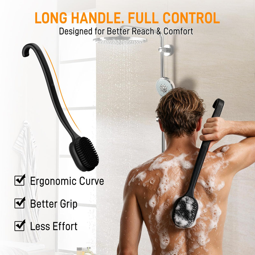 Silicone Back Scrubber for Shower, 17-Inch Long Handle Body Bath Brush