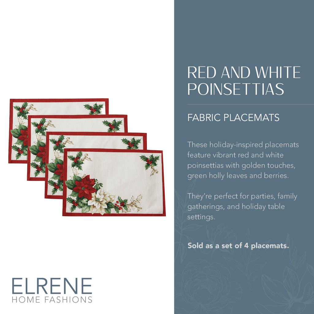 Red and White Poinsettias Placemat, Set of 4, Multicolor - 13" W x 19" L