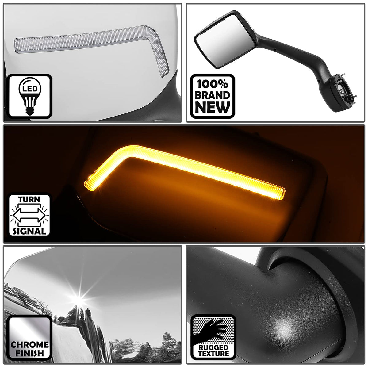 DNA Motoring MIRROR-HAY-009-CH L-Pattern LED Sequential Turn Signal Manual Side Hood Mirror Compatible with 11-21 Kenworth T680 / Peterbilt 579 587,1 Pair