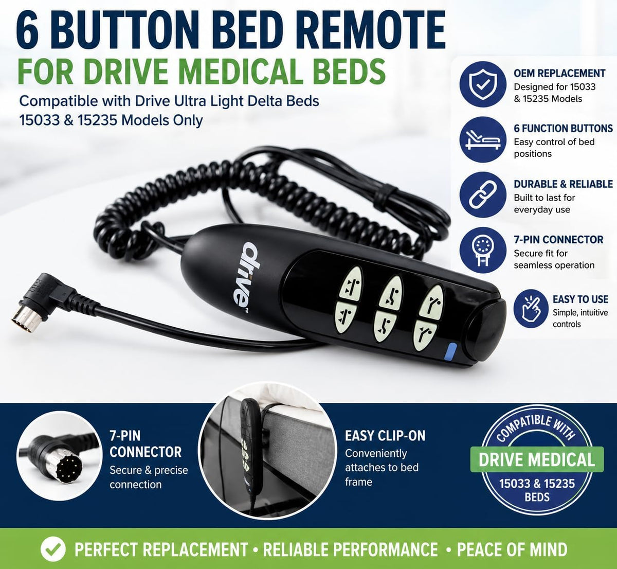 6 Button 7-Pin Hand Control Pendant for The Drive Medical Ultra Light Delta Bed (15033 & 15235) - Replacement Remote Compatible with Listed Model Hospital Beds Only, Drive PN 15033HC-G