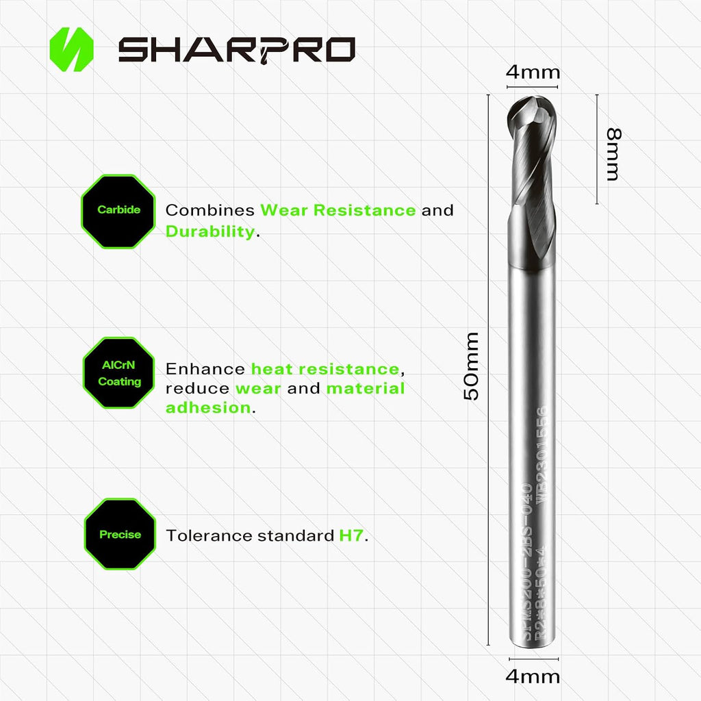 4mm Carbide Ball Nose End Mill Bits, 2Flute 4mm Shank Solid Carbide