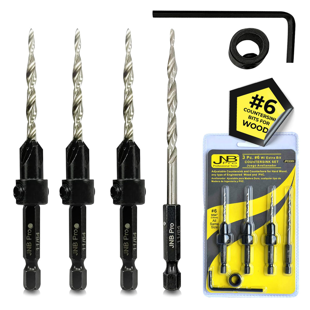 JNB Pro Countersink Bit Set for Wood, 3 Bits + 1 Free Extra, Tapered Bits with Adjustable Collar & Hex Wrench, Collar Set for Drilling, Precision Woodworking Tools, Durable Construction, #6 (9/64")