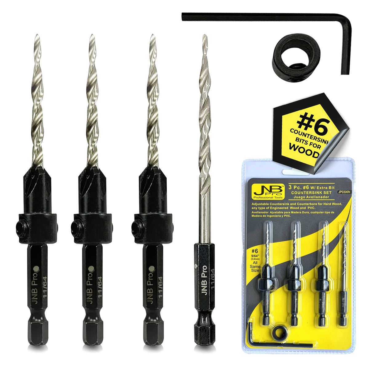 JNB Pro Countersink Bit Set for Wood, 3 Bits + 1 Free Extra, Tapered Bits with Adjustable Collar & Hex Wrench, Collar Set for Drilling, Precision Woodworking Tools, Durable Construction, #6 (9/64")