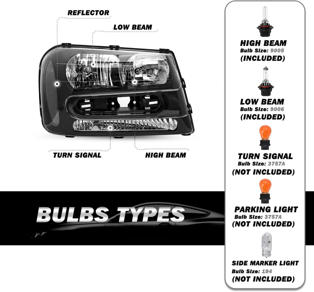 SOCKIR Headlight Assembly for 2002-2009 Chevy Trailblazer Full Length Grill