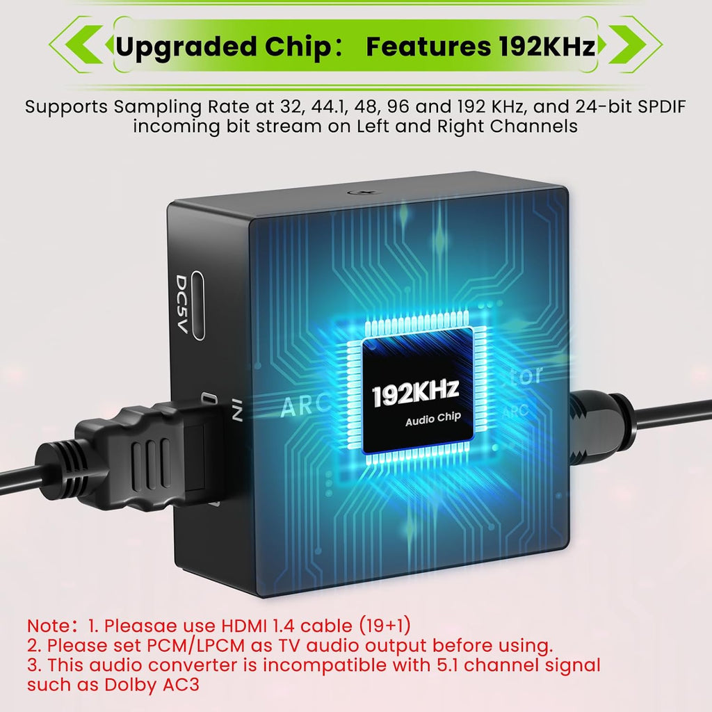 192KHz ARC Audio Extractor, HDMI ARC to Toslink/Optical+3.5mm AUX Output, HDMI to Optical Audio Adapter with 3.5mm
