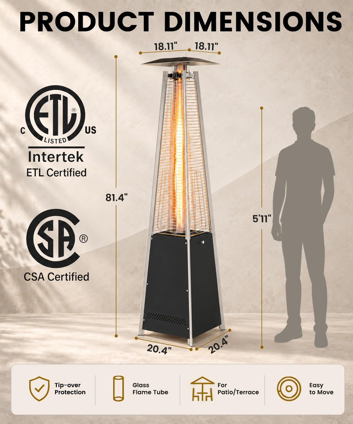 Patio Heater 48,000 BTU Outdoor Propane Heater with Wheels