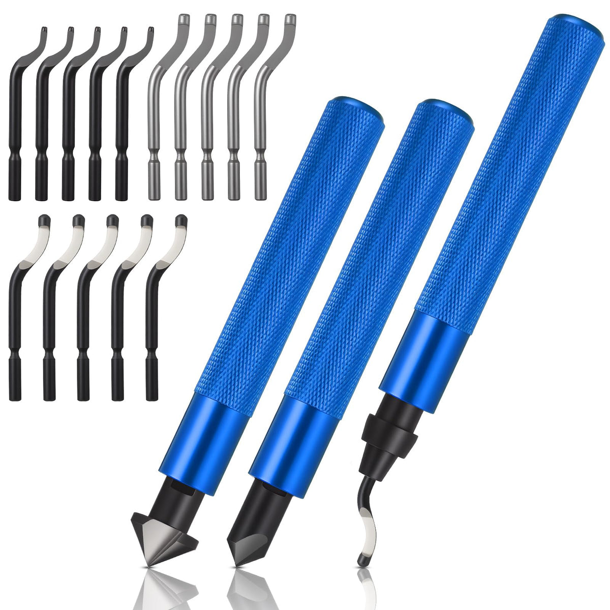 Otoolling 3 Pcs Hand Deburring Tool Kit 2 Countersink Hand Reamer and 1 Deburring Tool with 15 Extra High Speed Steel Swivel Blade for Metal, Resin, Aluminum, Copper, Plastic, 3D Printing, Wood (Blue)