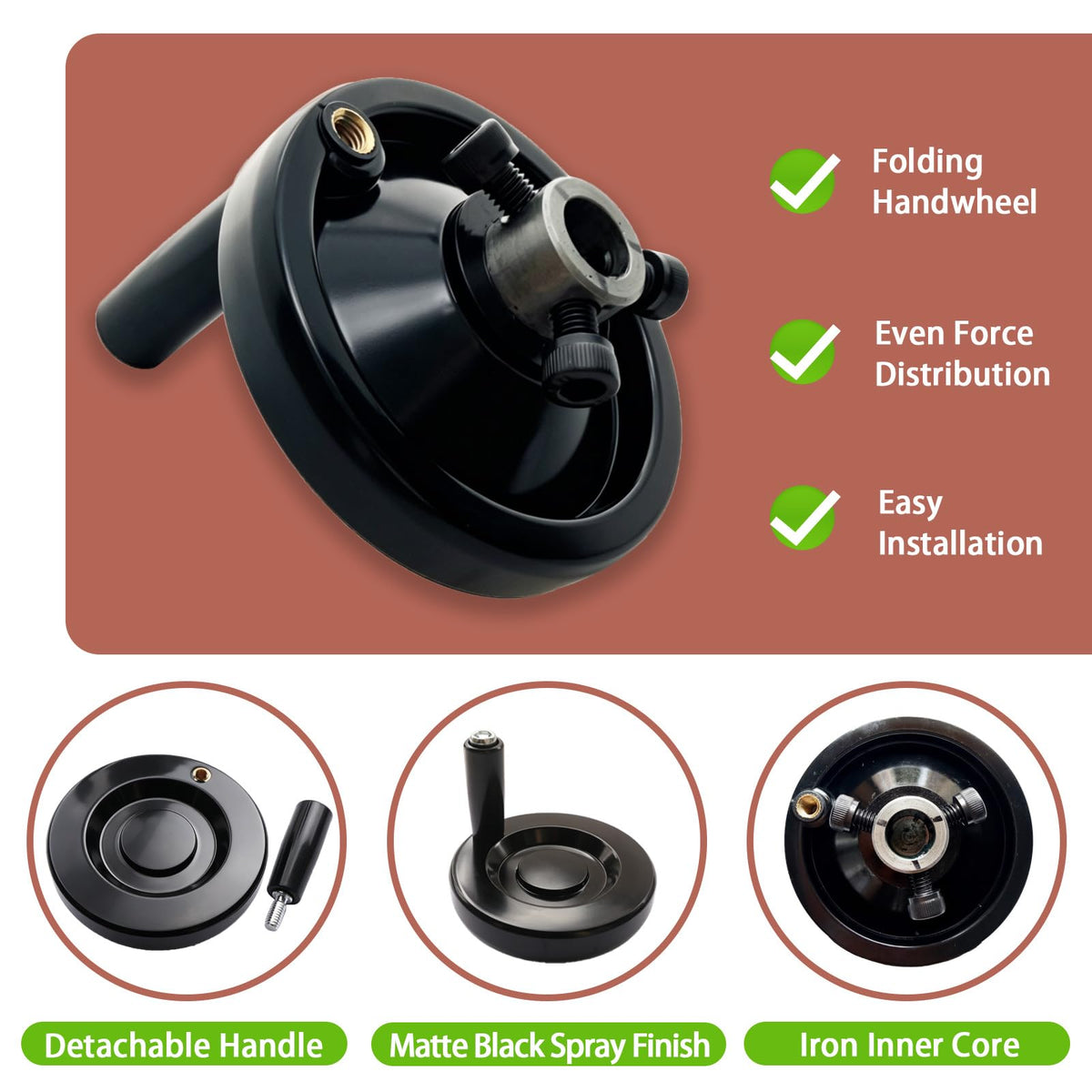 6.5" Foldable Handwheel with Revolving Handle, 3/4" Bore Ribbed Rim Hand Wheel, with 3 Hex Socket Cap Screws & 3 Set Screws, Aluminum Mechanical Handwheel for Heavy Duty Milling Machine, Lathe, CNC