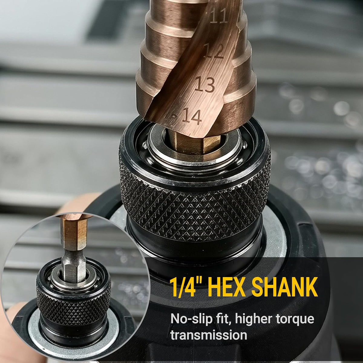 M35 Cobalt Step Drill Bit, Metric 3-14mm, 1/4" Hex Shank, 12 Sizes