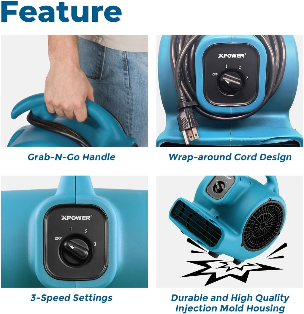 P-80 Mini Utility 600 CFM Centrifugal Air Mover, Floor Fan, Blower, Stackable, for Drying，Cooling, Ventilating, Home