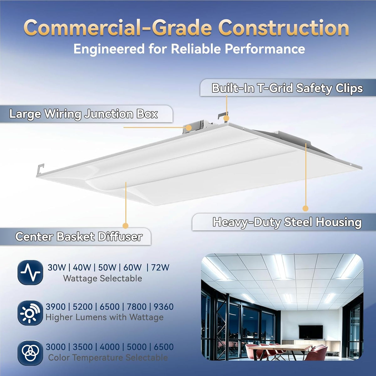 2x4 LED Troffer Light, 5 Wattages, 5CCT, 0-10V Dimmable, 4 Pack