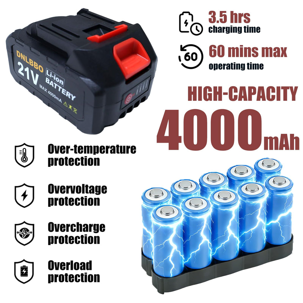 Mini Chainsaw Battery, 21v Lithium Battery - 4.0 Ah Battery with Electric Quantity Display, Include Charger Adapter