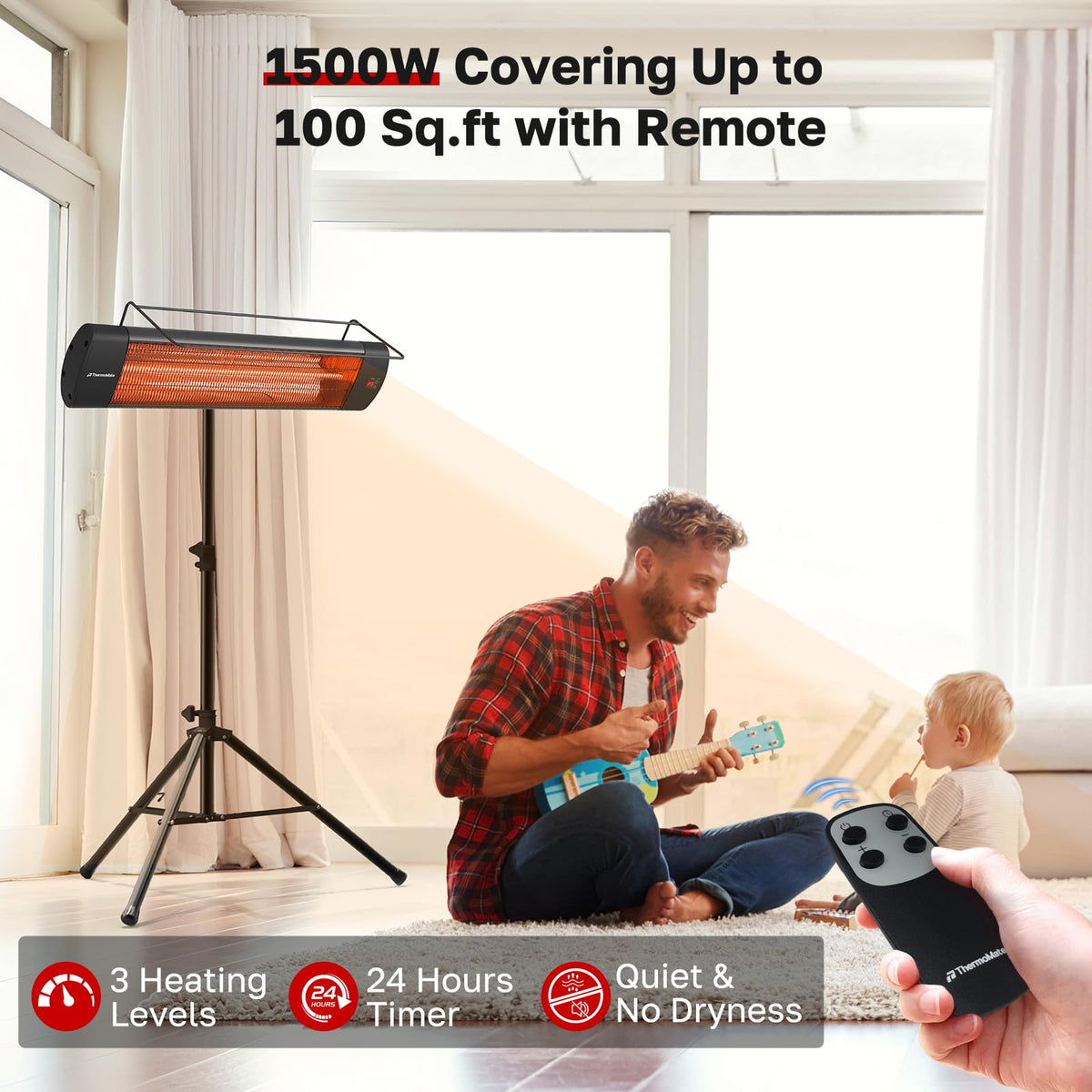 Infared Patio Heater for Outdoor with Tripod, Electric 1500W IP65 Waterproof with Remote, 3 Heating Levels & 24H