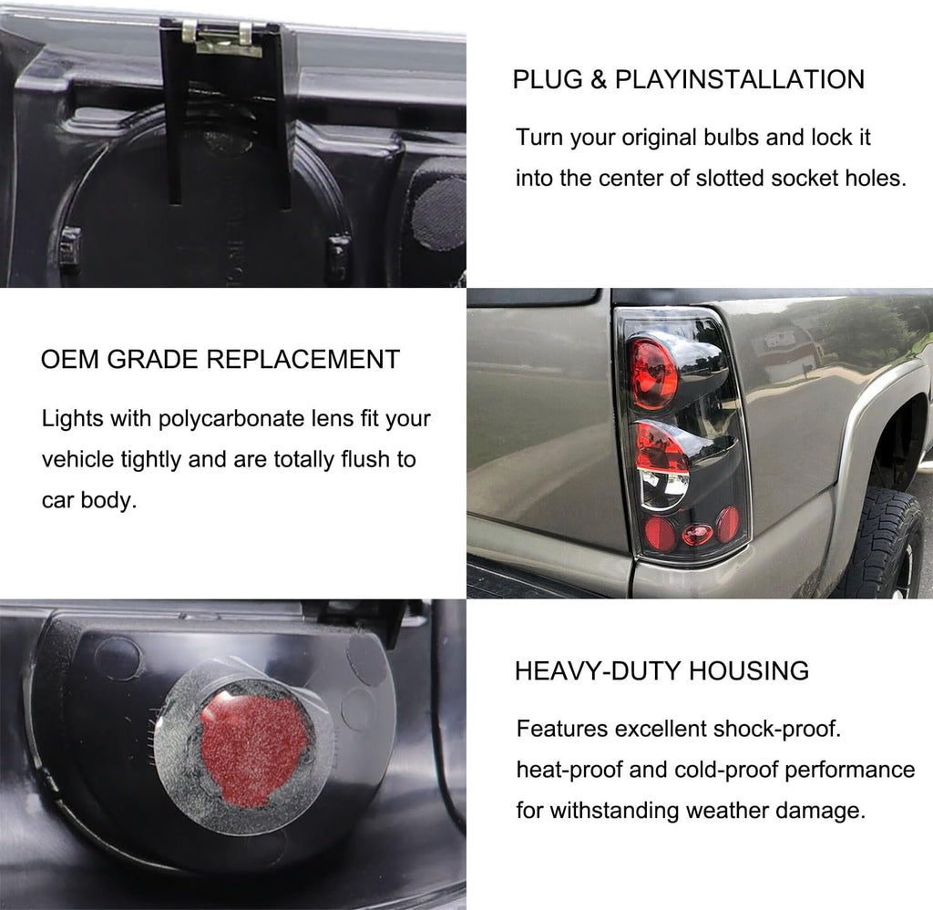 MOCW Tail Light Compatible With 1999-2006 Chevy Silverado 1500 2500 3500 2007 Classic,1999-2002 GMC Sierra 1500 2500 3500 Taillight Housing Replacement Left Driver & Right Passenger Side, Black/Smoke