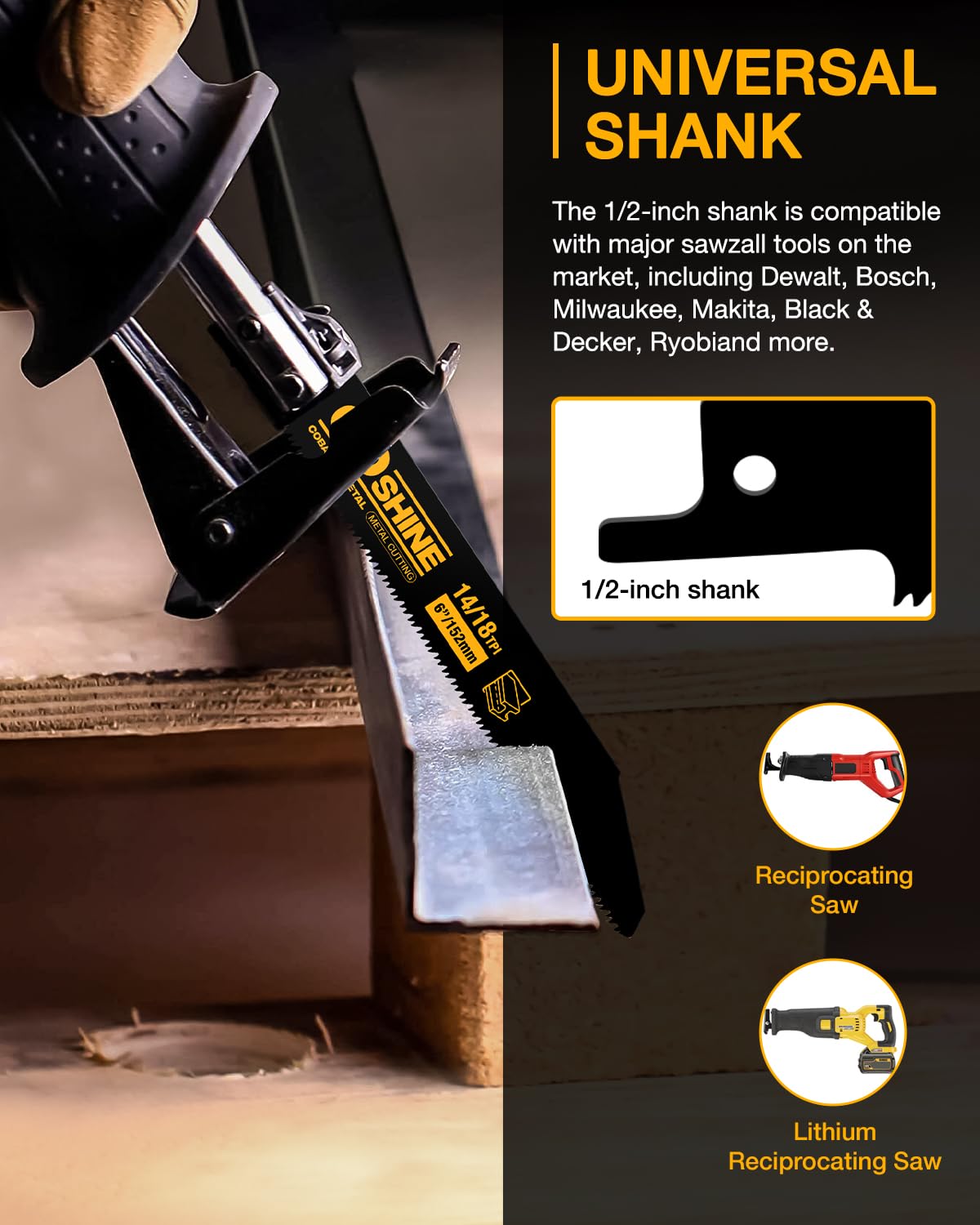50 Pack 6 inch 14/18 TPI Cobalt Bi-Metal Auto Dismantling Reciprocating Saw Blades for 1/16-5/16 Medium Metals， 6” 18TPI Demon sawzall Blades