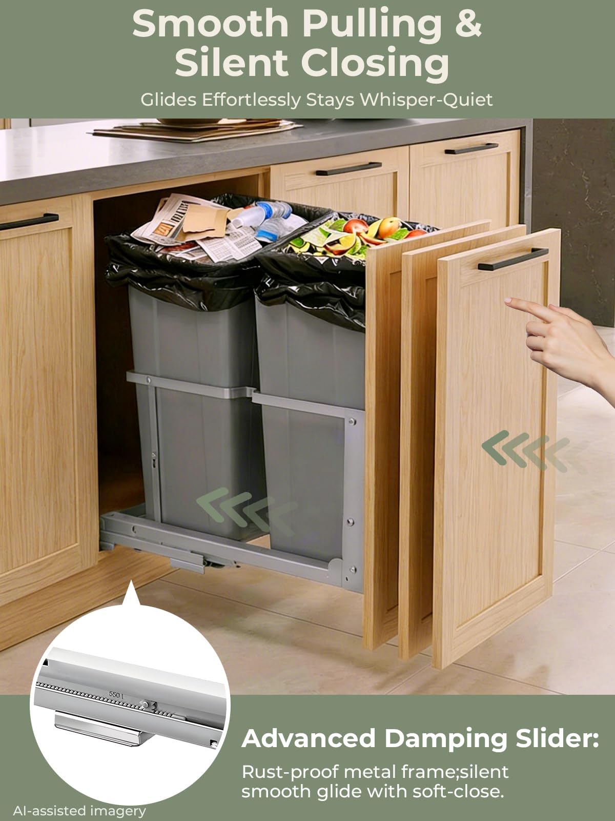 Pull Out Trash Can Under Cabinet, 35QT x2 Soft-Close Under Sink Garbage Bin with Full-Extension Slides, Heavy Duty