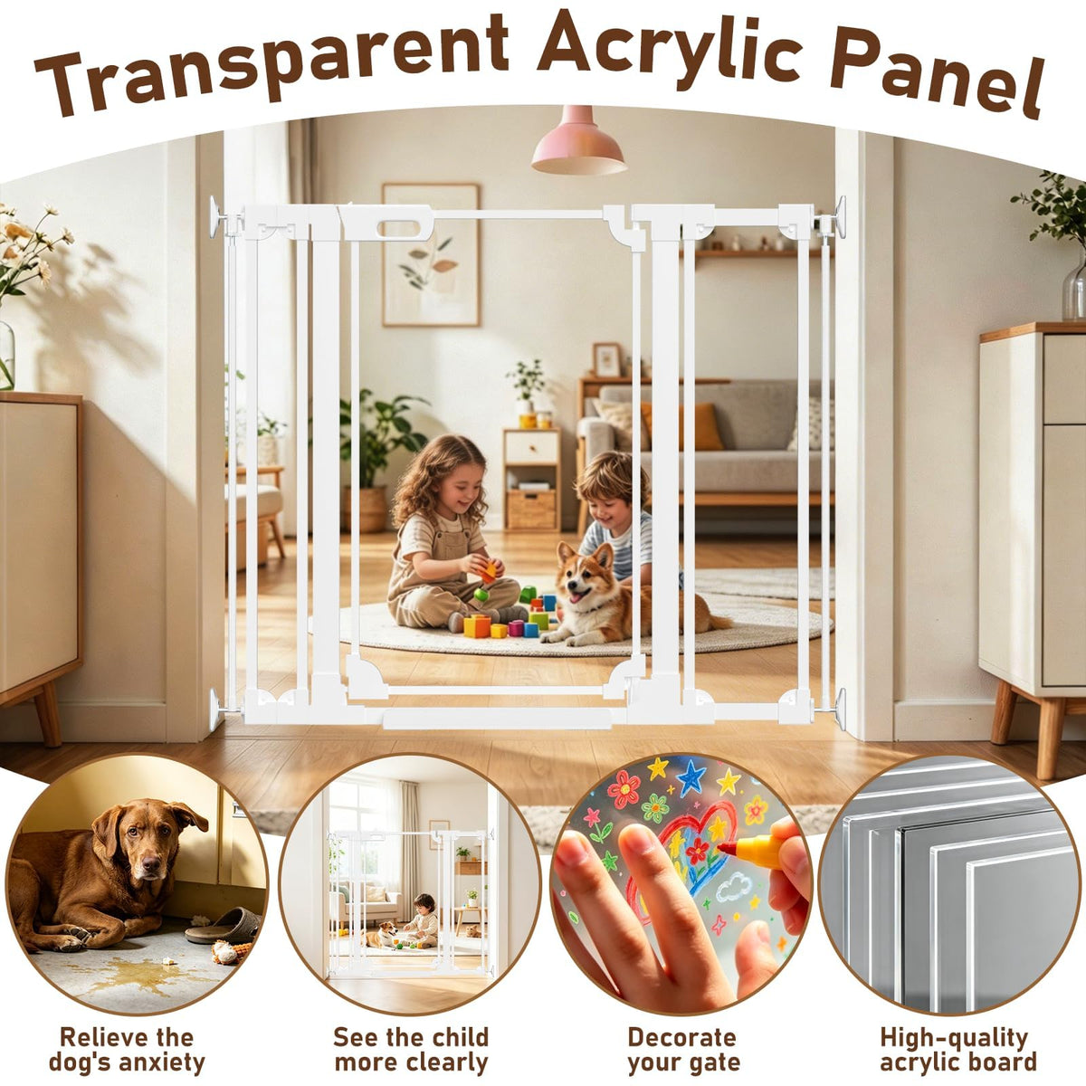 40" x 29.52-47.24" Wide Clear Acrylic Freestanding Indoor Pet Barrier Gate with Modern Folding Frame for Wide Doorways, Hallways & Stairs
