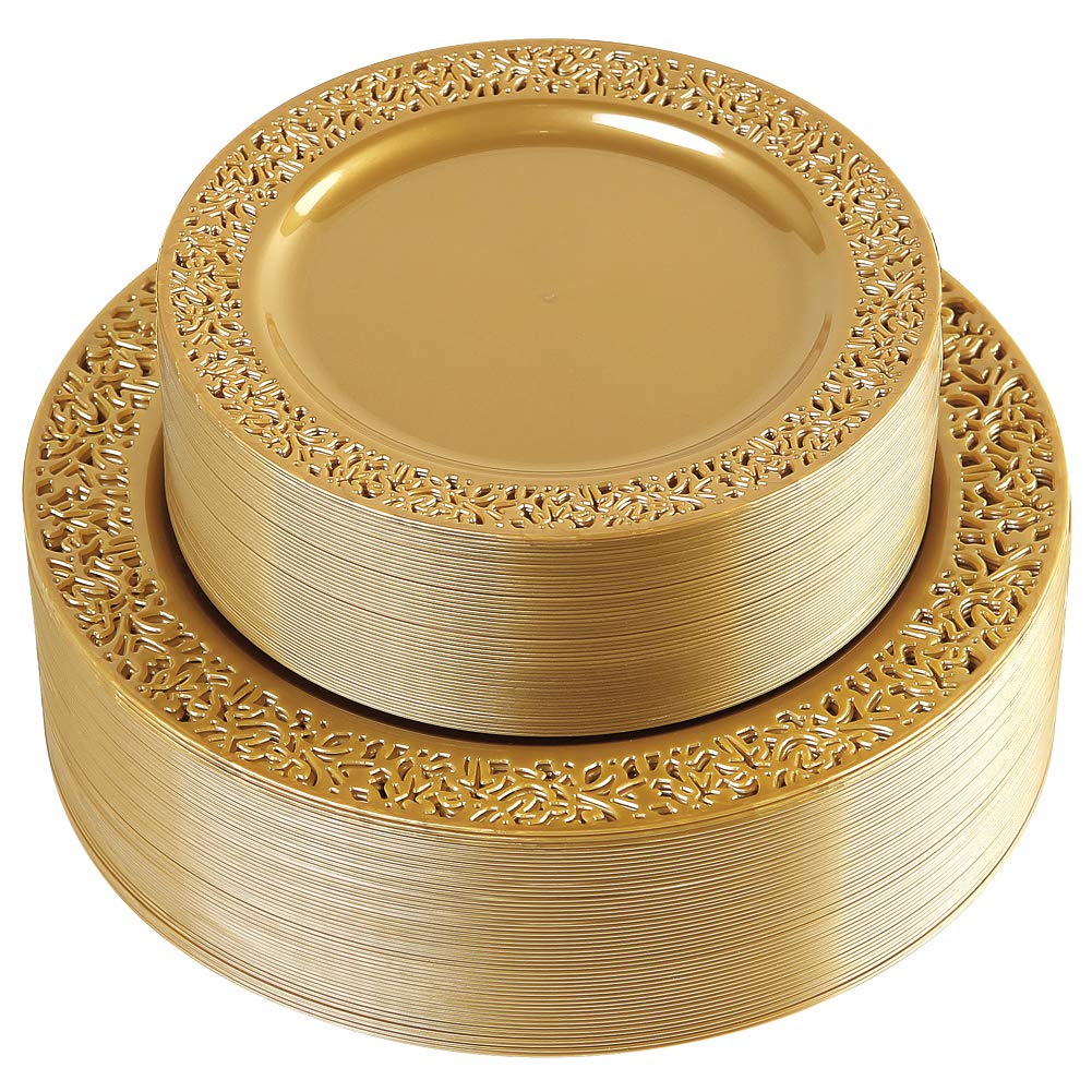 102 PCS Brown Gold Plastic Plates, Lace Design Disposable Plates, BPA Free Plates Includes: 51 Dinner Plates 10.25