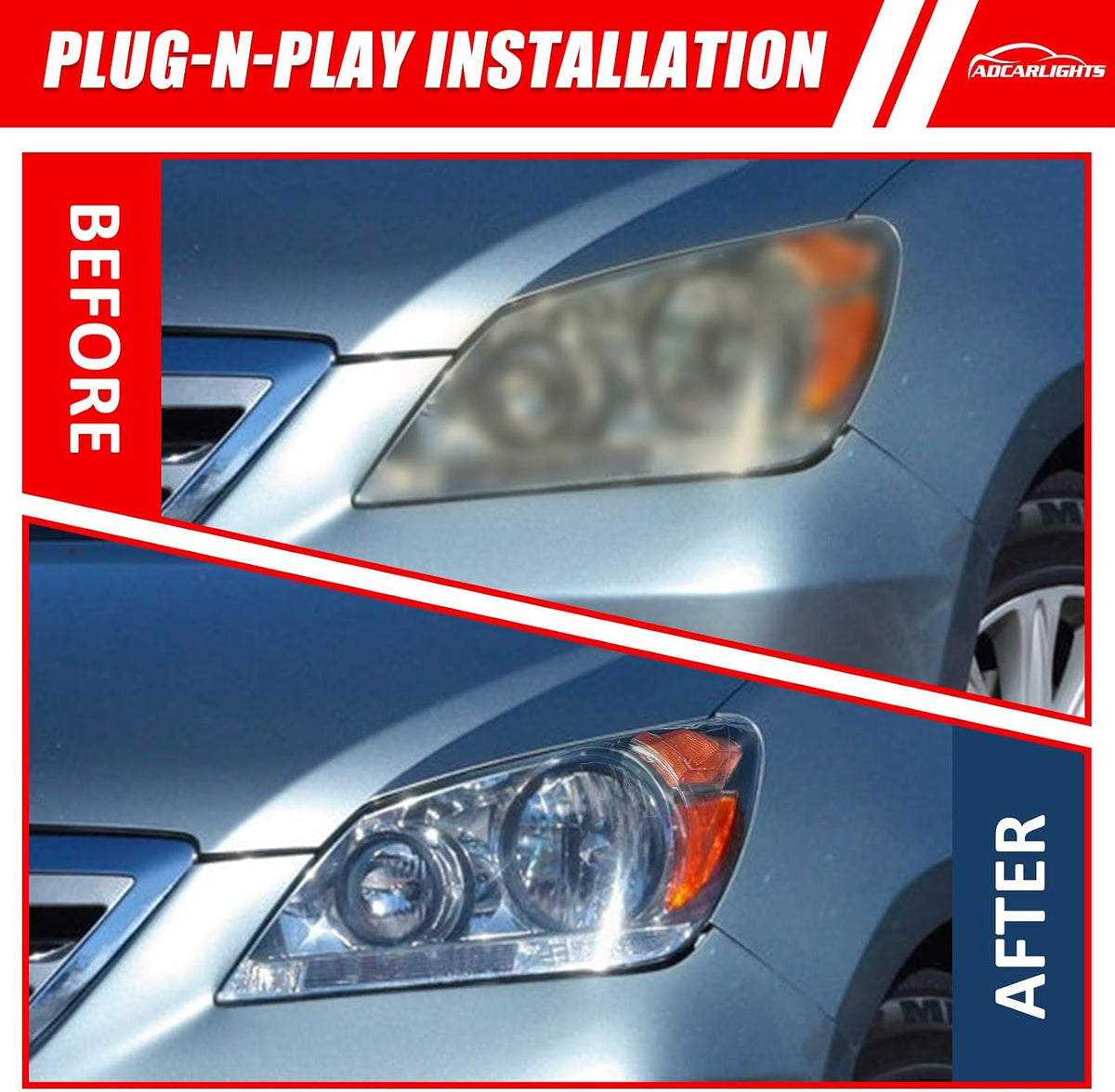 Headlight Assembly for Honda Odyssey 2005 2006 2007 Black Housing Amber Reflector Headlamp Replacement Pair（W/O Bulbs）