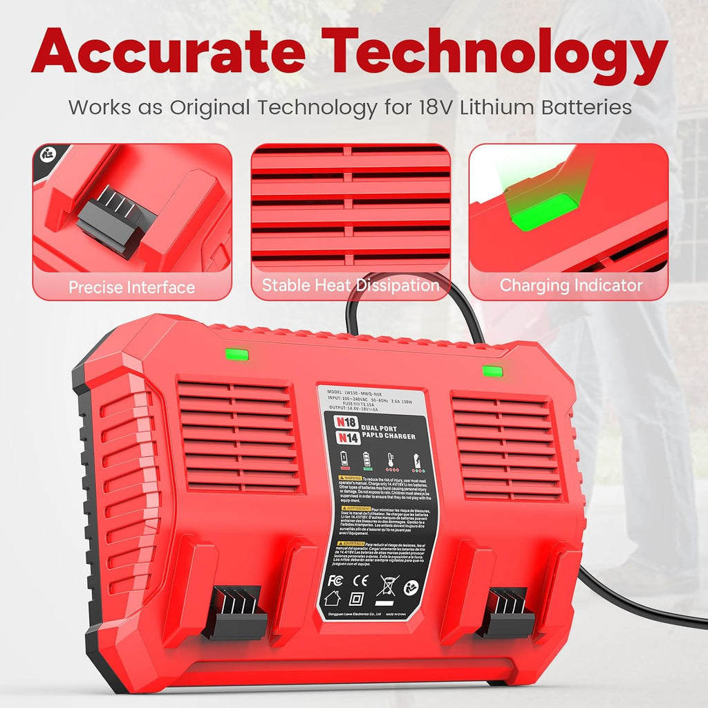 Dual Battery Charger Replace for MK-18 Milwaukee 6A Rapid Lithium Charger to Charge 14.4V-18V XC Lithium-ion Battery 48-59-1890 48-59-1812 48-11-1850 48-11-1820 48-11-1835 48-59-1802